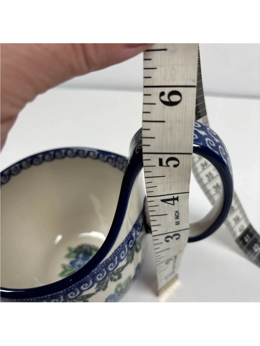 Polish Pottery Soup Bowl Loop Handle Cobalt Blue Green Floral Leaf Boleslawiec
